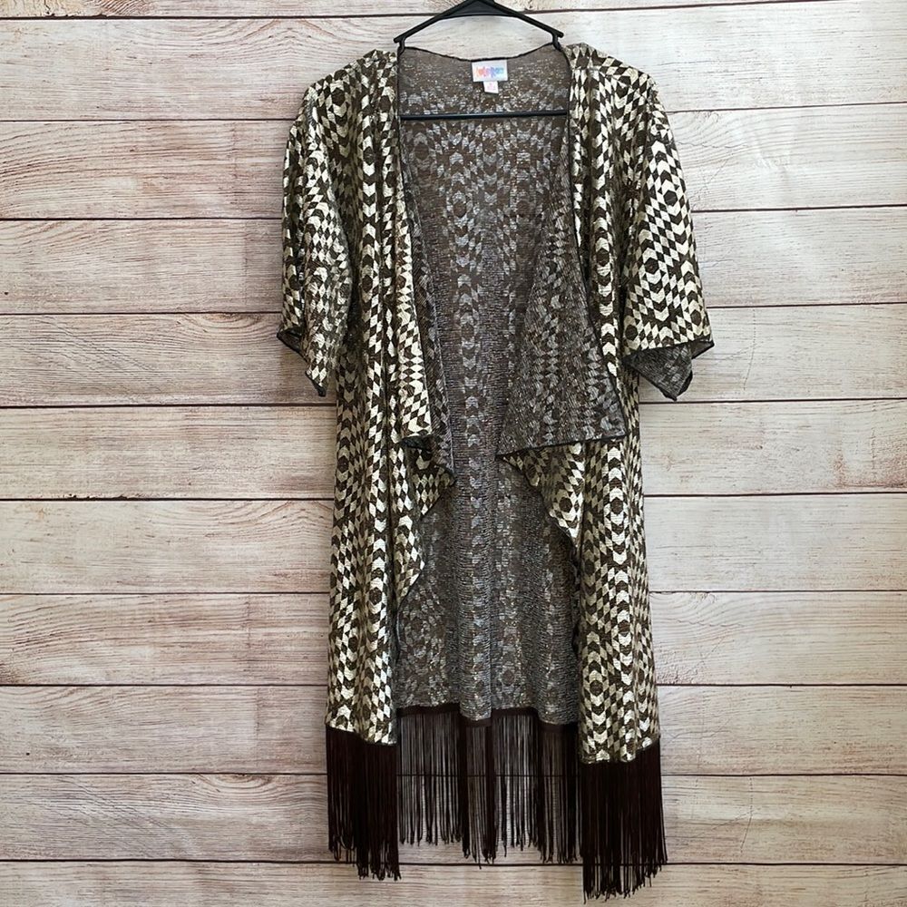 LULAROE METALLIC GOLD‎ AND BLACK KIMONO WITH FRINGE